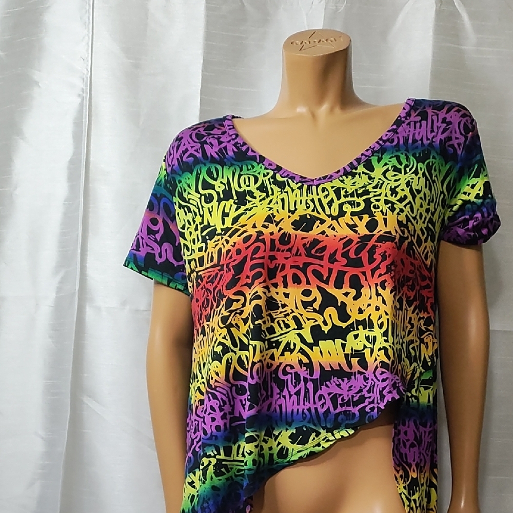 Eye Candy Purple and Green Asymmetrical Graphic Tee
